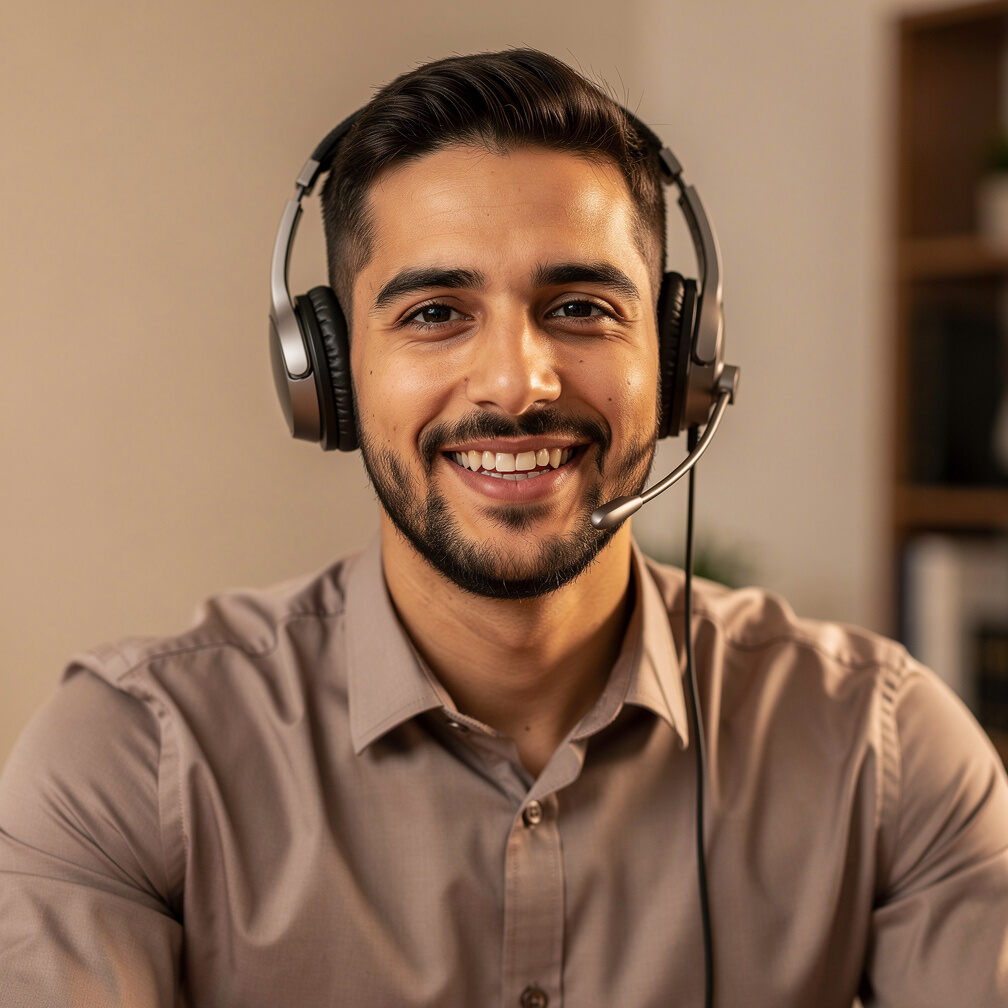 Brazilian man with headset speaking during an online conversation