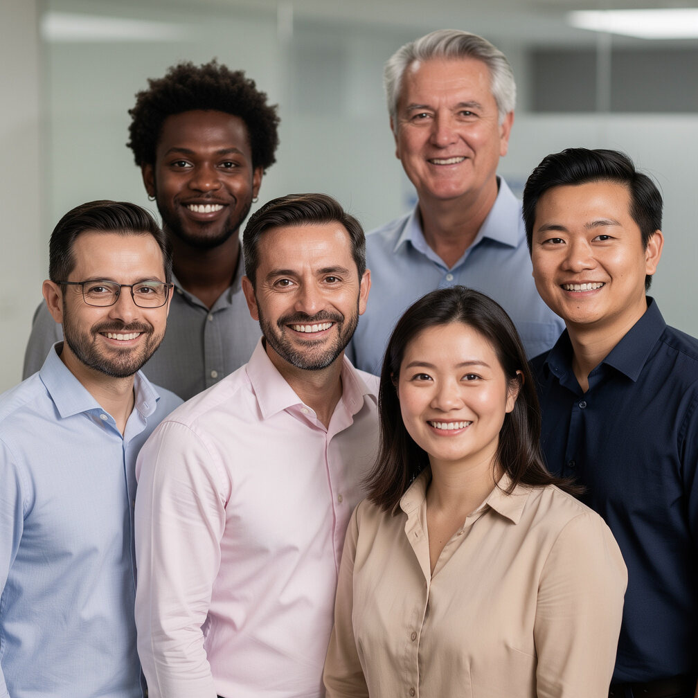 Small team of Brazilian colleagues smiling together indoors
