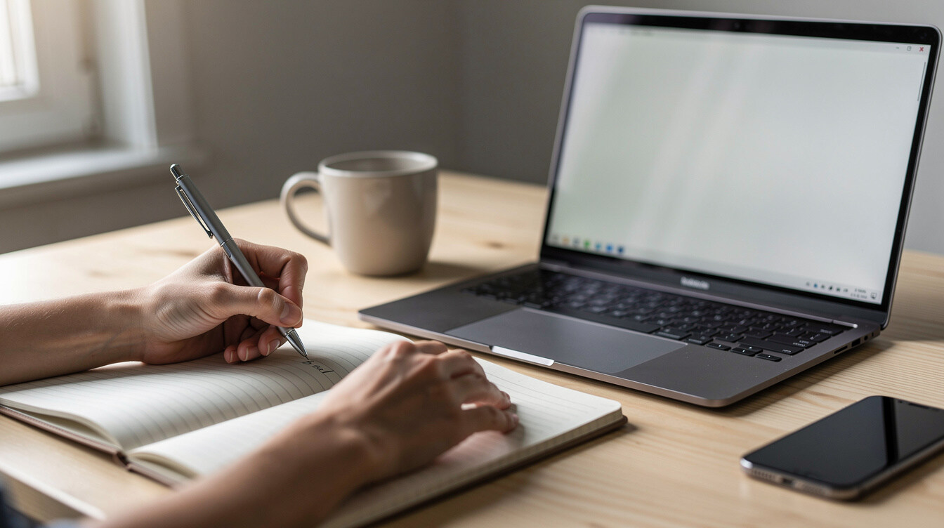 Close up of hands writing notes next to a laptop on a wooden desk